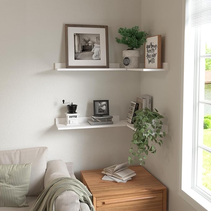 WOPITUES Floating Shelves, Wall Mounted Shelves for Room Decor, Modern Display Shelf for Bedroom, Sturdy Bathroom Storage Shelves, Book Shelves for Living Room, White Small Corner Shelves, Set of 4