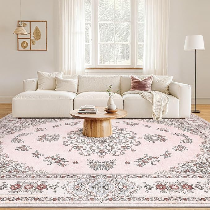 Nakagishi 10x14 Area Rugs Living Room: Washable Boho Large Neutral Modern Soft Farmhouse Rug Stain Resistant Indoor Non-Slip Carpet for Bedroom Girls Nursery Kids Playroom Dorm Preppy Baby Room- Pink