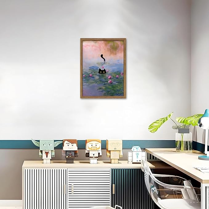 Vintage Framed Cat Canvas Wall Art Monet Print, Funny Black Cat in Water Lilies Poster, Monet Office Wall Decor, Floral Oil Painting Picture Artwork for Living Room Bathroom Aesthetic – 16x24 inch