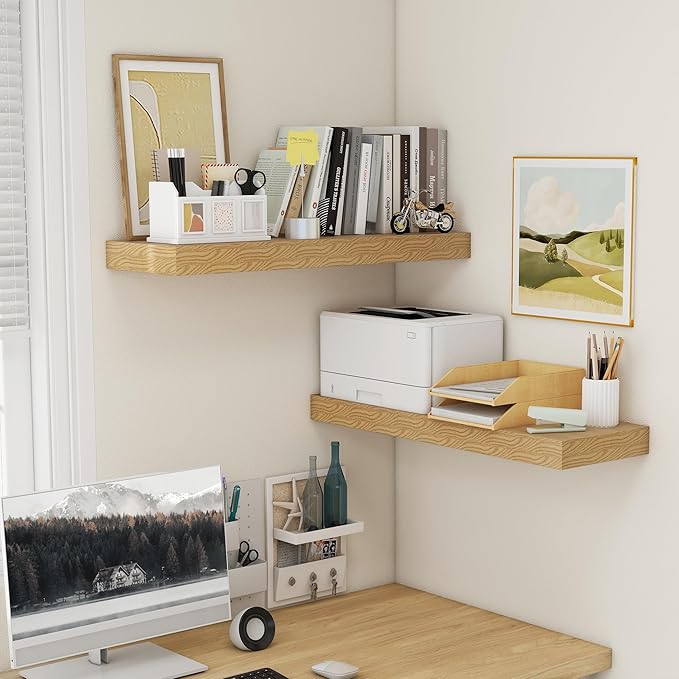 FLYJOE Deep Floating Shelves | 36 Inch Oak Floating Shelves Set of 2 | 12 Inch Deep Rustic Wood Shelves for Wall | 36" W x 12" D Oak Shelves for Living Room Bathroom Laundry Room Kitchen