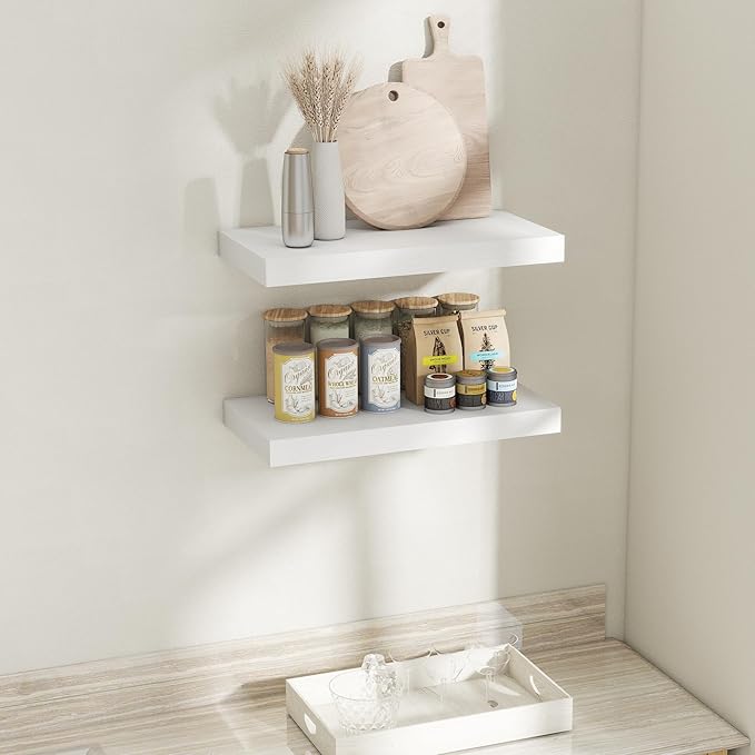 12 Inch Deep Floating Shelves for Wall, 24 x 12 Rustic Wood Grain Bathroom Shelves with Invisible Brackets, Easy Install Wood Storage Shelves for Kitchen, Living Room, Bedroom, White, Set of 2