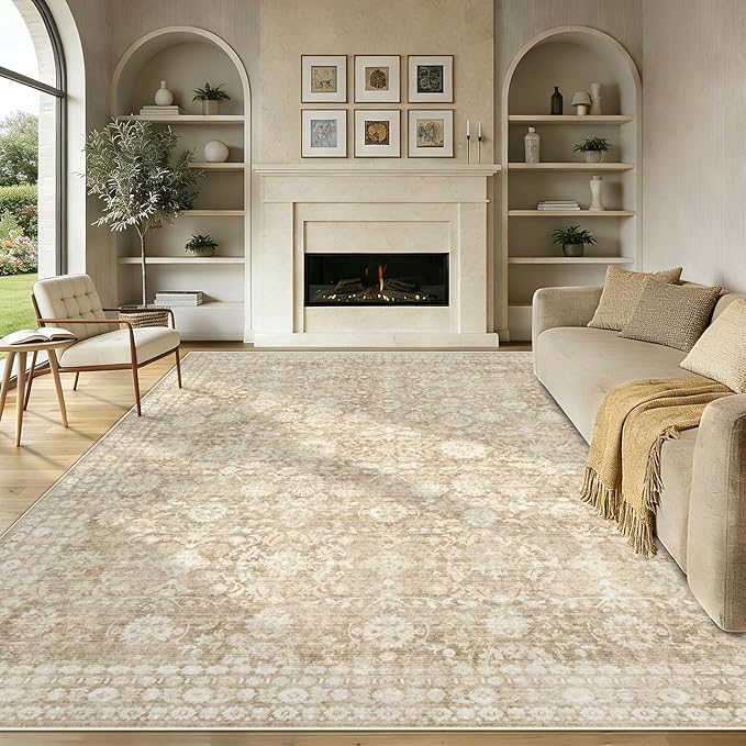 9x12 Area Rugs for Living Room: Washable Large Vintage Floral Rug Low Pile Non-Slip Boho Carpet for Bedroom Home Office Dining Room (Brown, 9'x12')