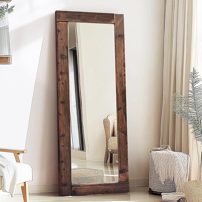Full Length Mirror 65"x24" – Solid Wood Frame, HD Tempered Glass, Wall Mounted & Leaning, Rustic Modern Decor for Bedroom, Living Room, Entryway, Brown
