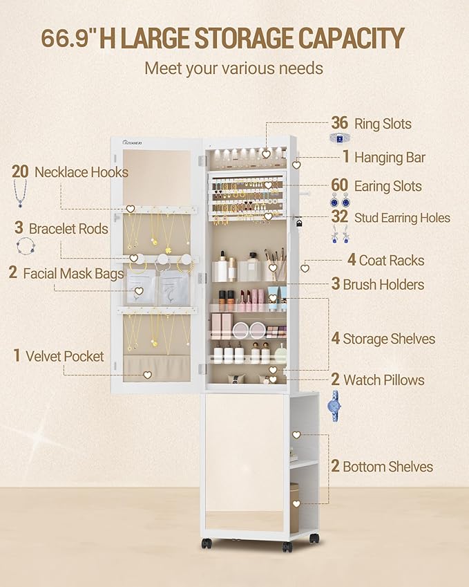 Hzuaneri 8 LEDs Jewelry Cabinet Armoire, 66.9-inch Jewelry Organizer with Garment Rack, Lockable Full-length Mirror with 4 Wheels, Storage Shelves with Hooks, 5-in-1, White and Beige JC17003BE
