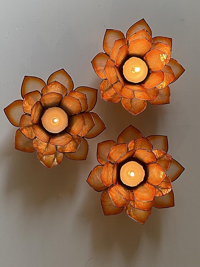 Om Gallery Capiz Shell Lotus Flower Decor Tealight Candle Holder for Serene Ambiance - Handmade Decorative Candle Holders for Meditation, Yoga, and Relaxation, Mango