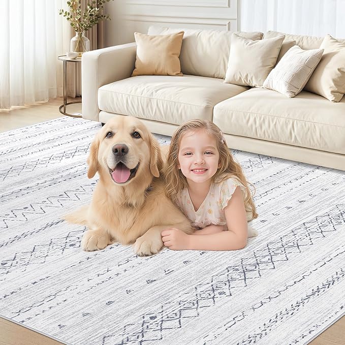 cotiled 7x9 Area Rug Living Room: Washable Boho Rugs with Non Slip Backing Large Soft Indoor Stain Resistant Carpet for Bedroom Farmhouse Dining Room Lightweight Home Decor Grey