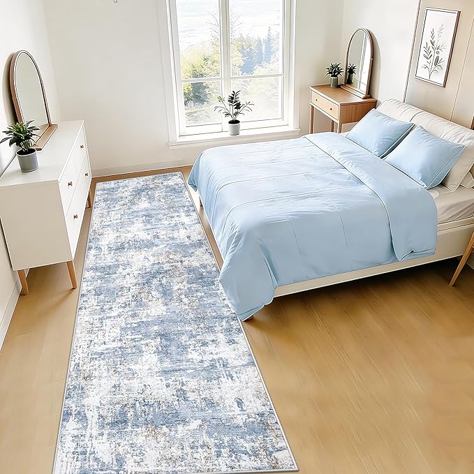 XLUEZ 2.6x8 Runner Rug for Hallway, Washable Modern Abstract Runner Rugs Neutral Soft Non Slip Kids Rug Stain Resistant Indoor Runners for Entryway Bedroom Kitchen Laundry Room(Blue, 2'6''x8')