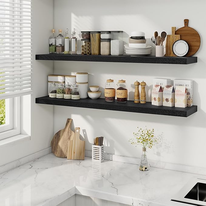 Fun Memories 48 Inch Black Floating Shelves, 9.3 Inch Deep Wall Shelves for Living Room|Bedroom|Kitchen, Rusitc Wall Mounted Bathroom Shelves 2 Pack, Heavy-Duty Deep Shelf for Books，Decor