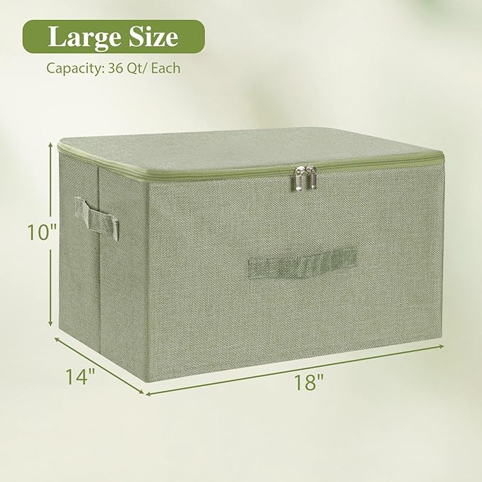 ANMINY 2PCS Storage Bins with Zipper Lids 36 Qt Lidded Fabric Storage Boxes Baskets Cubes with Handles Collapsible Washable Cotton Linen Closet Shelf Clothes Organizer Containers - Green, Large