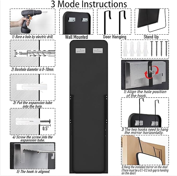 SCWF-GZ Rectangle 57x16 Mirror Full Length Wall Mounted Hanging or Against Wall Metal Frame Dressing Make-up Mirrors for Entryway Bedroom Bathroom Living Room 57 16 inch Black