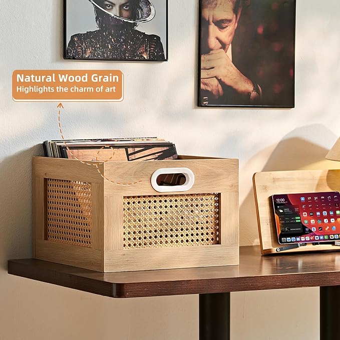 LELELINKY 2 Pack Vinyl Record Storage Crates, Rattan Vinyl Record Holder with Handle, Natural Wood Record Crate for Vinyls Holder up to 75 LP's, Desktop Cube Album Storage for Vinyls Records
