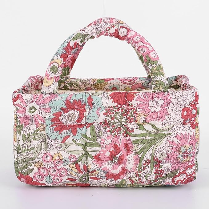 Mini Storage Basket, Small Quilted Boho Fabric Organizer Bin with Handle, Portable Collapsible Basket for Socks, Keys, Diaper