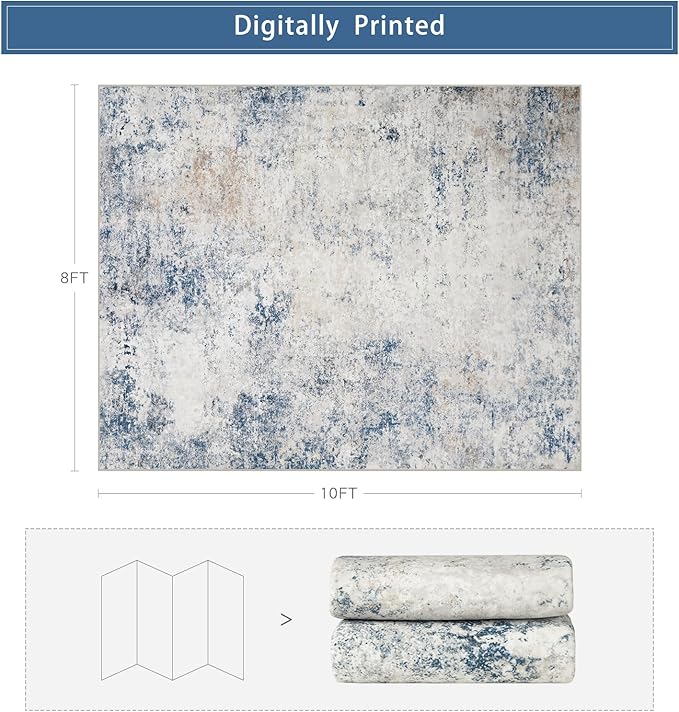 Srugn Washable Rugs 8x10 Area Rugs for Living Room,Modern Abstract Rugs for Bedroom,Large Carpets,Ultra Soft Faux Wool Retro Dining Room Rug,Non Slip&Non-Shedding Low Pile Print Rug- Blue Beige