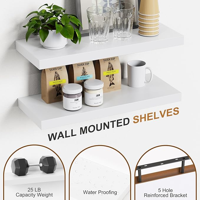 Bellsal White Engineered Wood Wall Shelf Set of 6, 16" Modern Floating Shelves for Kitchen, Living Room, Bedroom, Bathroom Storage, Book Shelf Home Decor