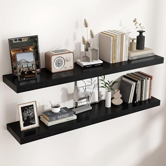 Venusmiles Floating Shelves for Wall, Engineered Wood Wall Shelves with Invisible Brackets for Living Room Bedroom Bathroom Office Kitchen Decor and Storage (Black, 48" W x 9" D x 1.5" H) Set of 2