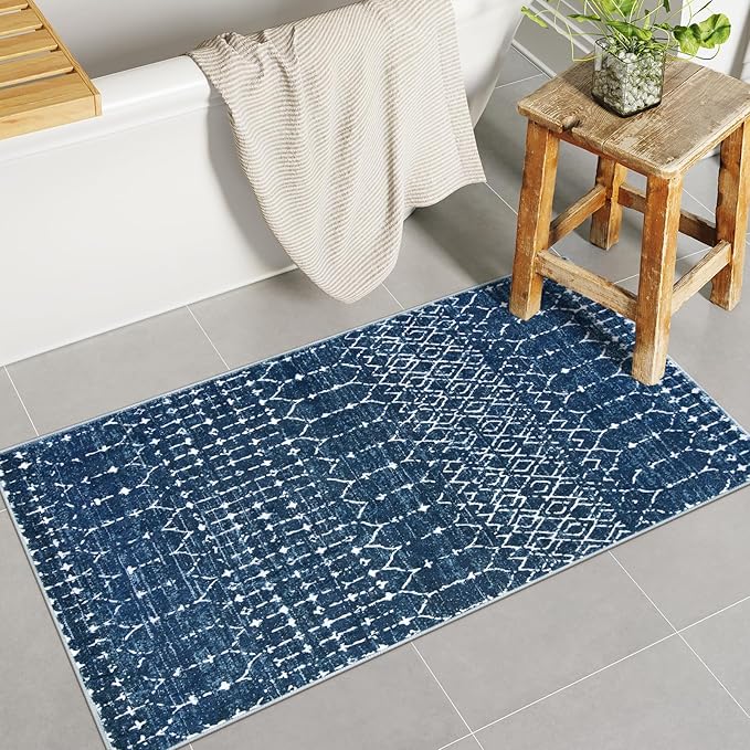 Lahome Moroccan Runner Rugs for Hallway 2x4 Bathroom Rugs Non-Slip Small Throw Kitchen Carpet Low-Pile Mat for Entryway Laundry Room Mat Geometric Indoor Carpert for Entrance Bath Hana, Blue