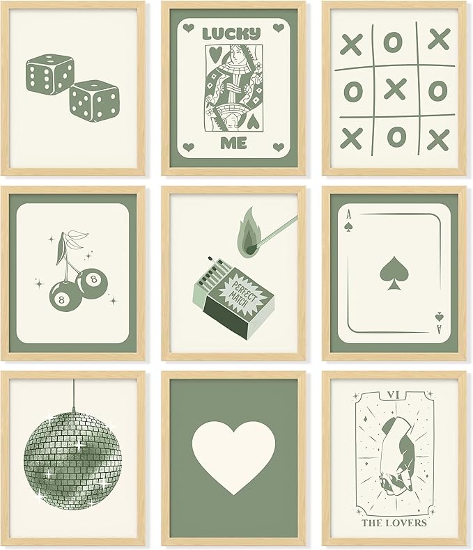 97 Decor Green Lucky Poster - Playing Card Wall Art, Poker Room Decor, Green Trendy Wall Art, Funky Posters Aesthetic Pictures, Retro Ace Prints Queen of Hearts Decor for Bedroom (8x10 UNFRAMED)