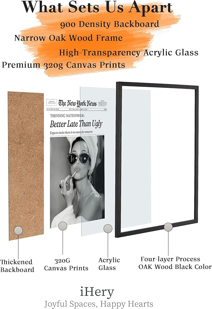 iHery Premium Natural Black OAK Wood 16x20in Audrey Hepburn Trendy Framed Wall Art, Vintage Funny Better Late Than Ugly Canvas Bathroom Wall Decor Essential,Girly Dorm Bedroom Living Room 1Pack
