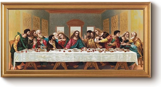 Bzstyleart Vintage Wall Art Decor for Living Room, Framed Large Christian Canvas Wall Art Prints for Prayer, Christian Artwork Jesus Painting, Religious Picture Home Decor, Last Supper, 20 x 40 Inch