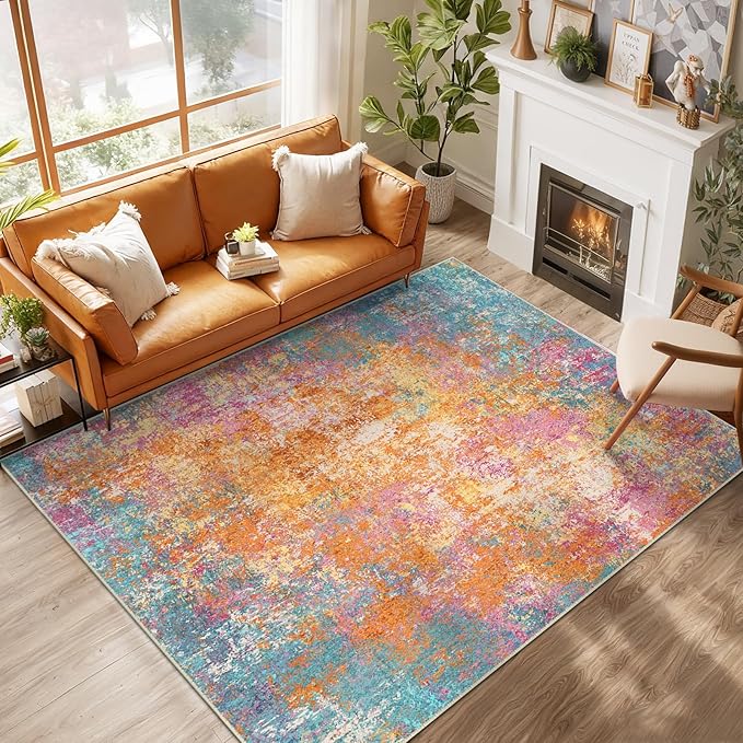 RELEANY Washable Area Rugs 10'x14 Non-Slip Modern Abstract Soft for Living Room Entryway Bedroom Nursery, Print Pattern, Orange Blue Pink Yellow Colorful