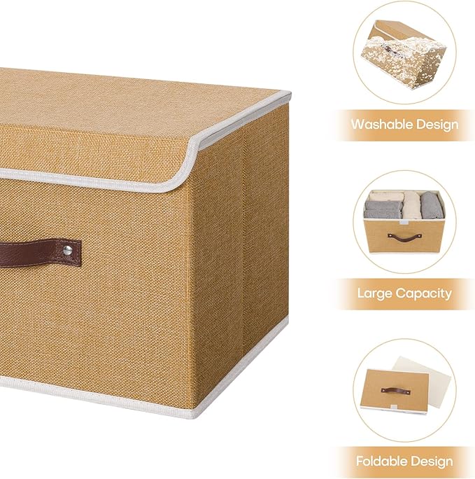 ANMINY 2PCS Storage Bins with Lid PU Leather Handles Storage Boxes PP Plastic Board Decorative Foldable Lidded Cotton Linen Fabric Home Cubes Baskets Closet Organizer Containers - Khaki, Large Size