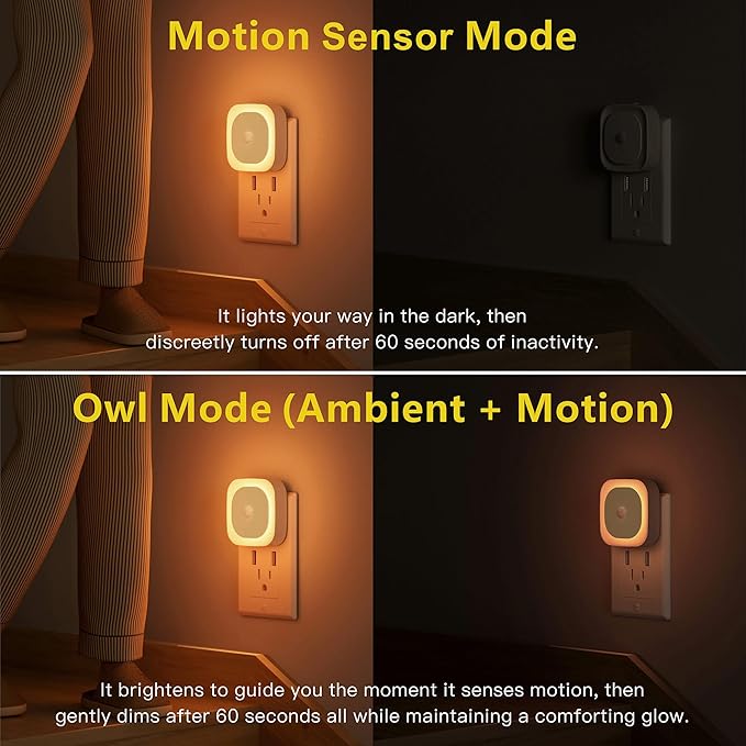 YUNLEX 2 Pack Plug in Night Light with Motion Sensor & Dusk to Dawn Sensor, 3 Sensor Modes, Dimmable Night Lights Plug into Wall, Amber Nightlight for Sleep, Bathroom, Bedroom, Indoors, Kids