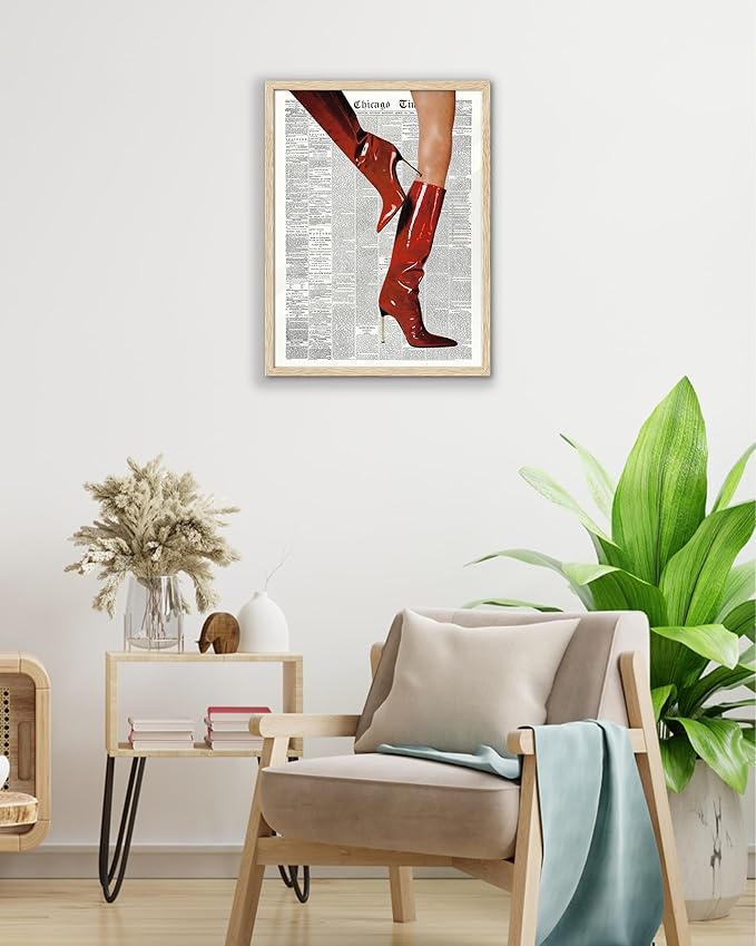 EcoHest UnFramed Trendy Newspaper Red Boots Wall Art, 12x16 in OAK Wood Fashion Icon Canvas Wall Art, Magazine Home Decor, Beige Logs Retro Set of 1 for Bedroom Living Room