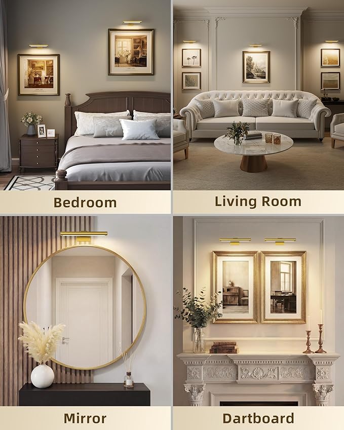 EZVALO Picture Light for Wall, Rechargeable 2400mAh Battery Lights Wireless with IR Remote, 3 Color & Dimmable Magnetic 7.87'' LED Lights Display for Painting, Living Room, Gallery, Bedroom(Gold-2P)