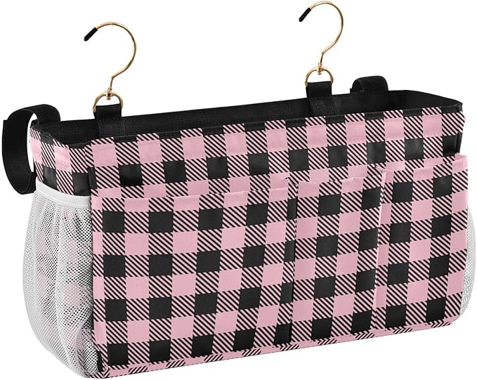 Buffalo Plaid Check Pink Print Bedside Caddy Storage Bag Bedside Organizer for Bunk Bed Headboards College Organizer Caddy Hanging Shelf 6 Pockets with Hooks for Drinks Magazine Phone Holder
