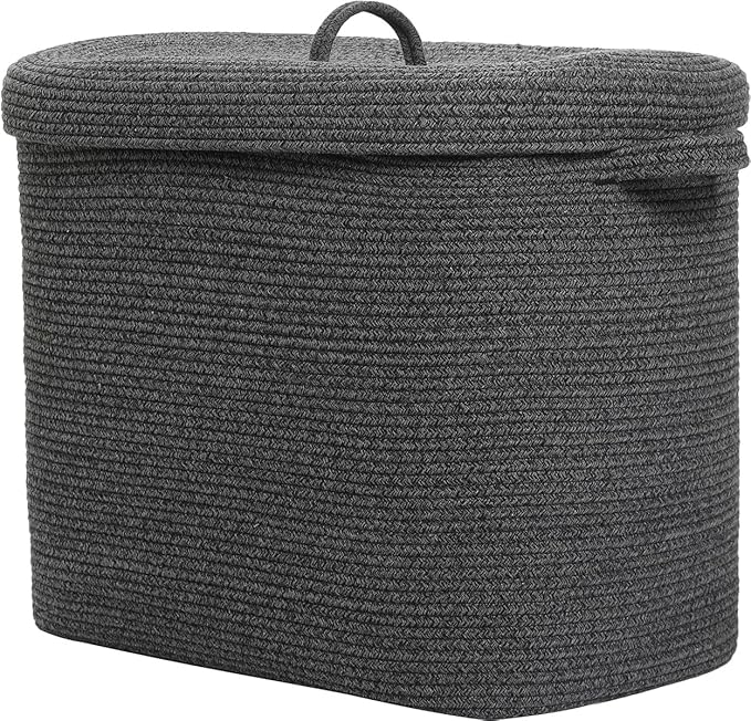 22"x14"x18" Rectangular Extra Large Storage Basket With Lid, Large Cotton Rope Storage Basket, Woven Laundry Hamper, Cloth Storage Bin, for Clothes Towels Blankets in Living Room, All Black Grey Mix
