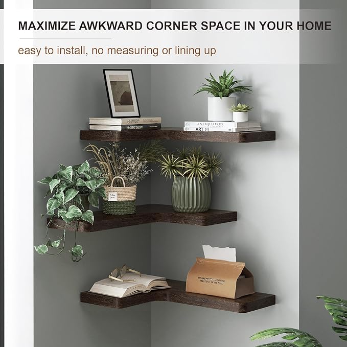 fuqing Floating Corner Shelves, Wall Shelf Set of 3, Shelves for Wall Storage, Solid Wood Shelves for Storage, Wall Mount Wooden Display Shelf for Bathroom Bedroom Kitchen Garage, Rustic Brown