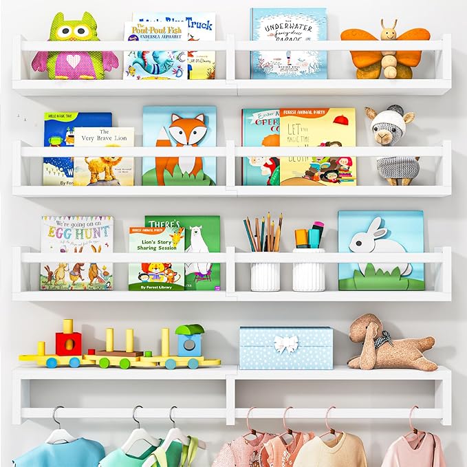 Fixwal Nursery Book Shelves, 32 Inch Floating Bookshelves for Wall Set of 4, Baby Nursery & Playroom Decor, Solid Wood Wall Mounted Shelves for Books and Toys Storage (White)