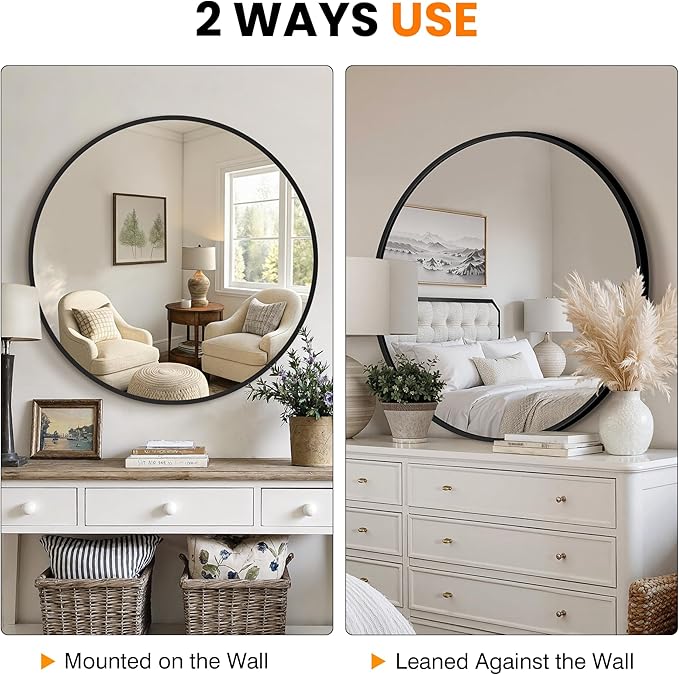 Round Bathroom Mirror for Wall, 2 Pack 30 inch Circle Bathroom Mirrors for Over Sink, Modern Circular Metal Frame for Vanity, Entryway, Bedroom, Living Room(Black)