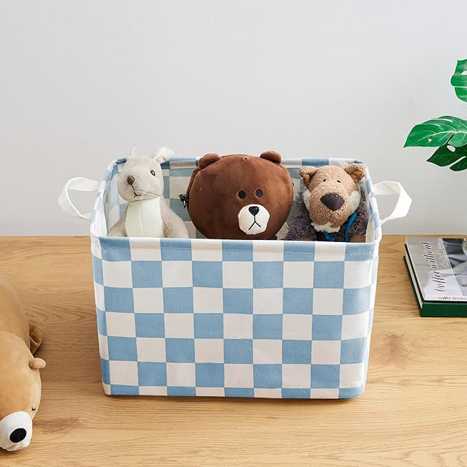 Ohocut Blue Checkered Canvas Basket, Rectangular Organizing Decorative Storage Basket for Kids, Dog Toy, Cute Aesthetic Boys Room Decor for Home, Kitchen, Bedroom, Classroom, Shelves