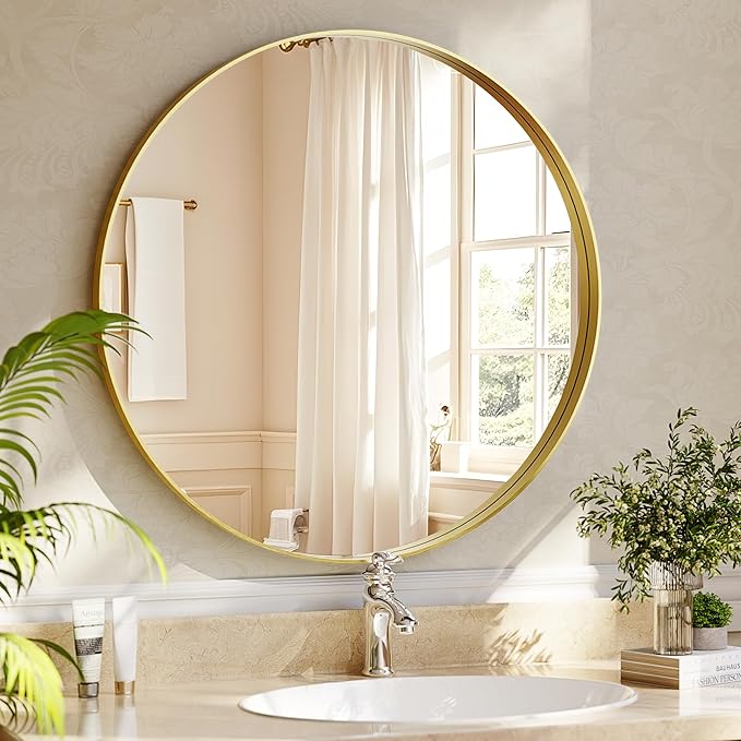 30 inch Round Bathroom Mirror, Gold Metal Deep Frame Wall Mounted Circle Mirror for Wall Decor, Living Room, Vanity, Entryway, Hanging or Leaning
