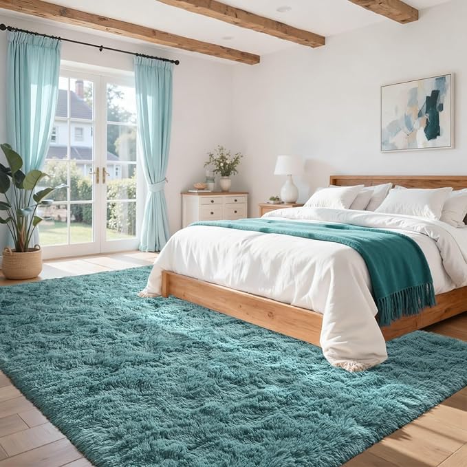 5x7 Rug for Living Room Teal Shag Area Rugs, Modern Plush Non-Slip Soft Carpets for Bedroom Kids Nursery Dorm Daycare Floor