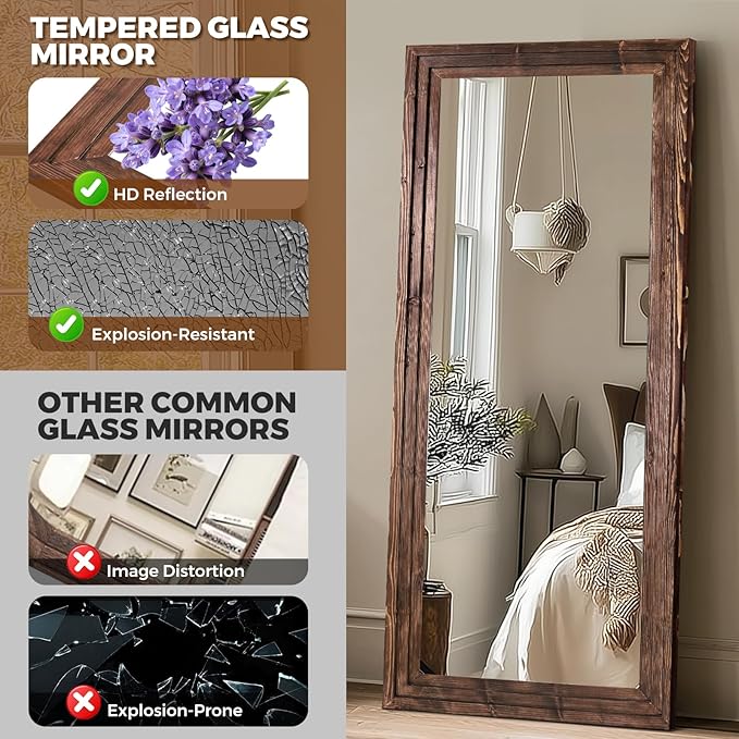 Full Length Wood Mirror 71x30 - Rustic Solid Wood Floor Mirror with Triple Layer Frame, HD Tempered Glass, Wall Mounted or Leaning Standing Mirror Vintage Brown Mirror for Bedroom Bathroom Living Room