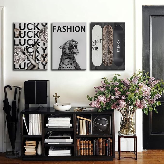 Trendy Leopard Canvas Wall Art Fashion Cheetah Lucky Skateboard Wall Decor Pictures Funky Vintage Preppy Luxury Aesthetic Posters Prints for Girly Bedroom Apartment Dorm Decoration 16x24in