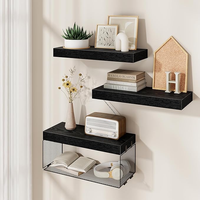 Acovy Bathroom Floating Shelves for Wall,16 inch Wall Mounted Floating Shelf Toilet Organizer and Storage,Small Farmhouse Decor Shelf,Black,Set of 3