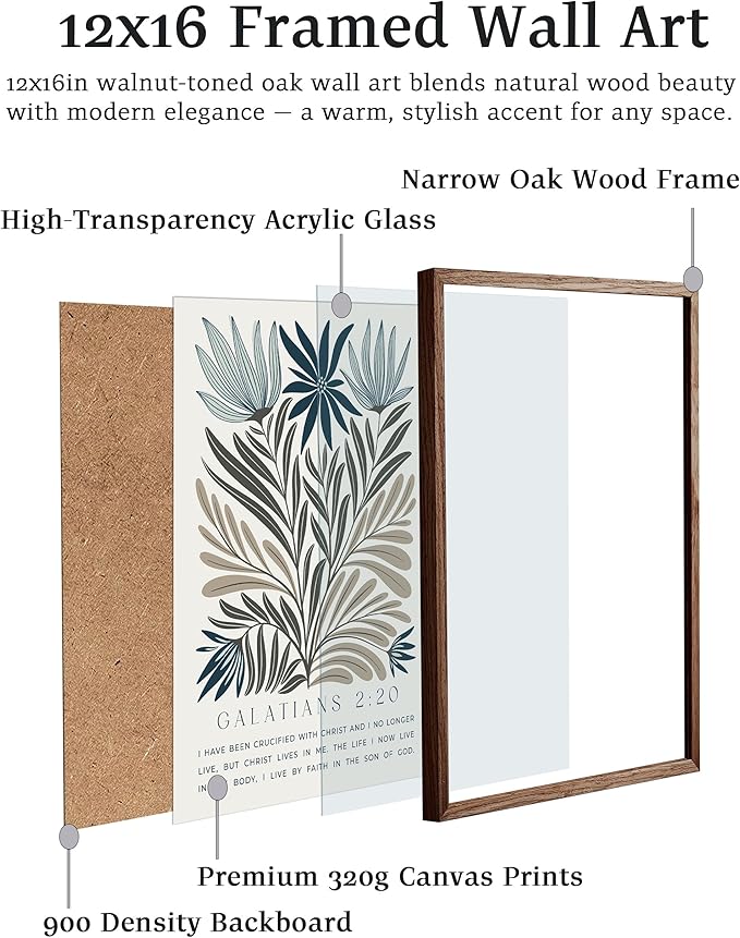 EcoHest Christian Bible Verse Floral Framed Wall Art, 12x16 in Walnut Color OAK Wood Boho Abstract Flowers Canvas Wall Art, Galatians 2:20 Home Decor, Beige Logs Christ 1pack for Bedroom Living Room