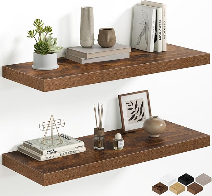 12 Inch Deep Floating Shelves, 32W x 12D Floating Shelf for Books, Rustic Wood Deep Wall Shelves for Home Storage & Display, 1.5" Thicked Shelves for Kitchen, Living Room, Bedroom, Brown, 2 Pack