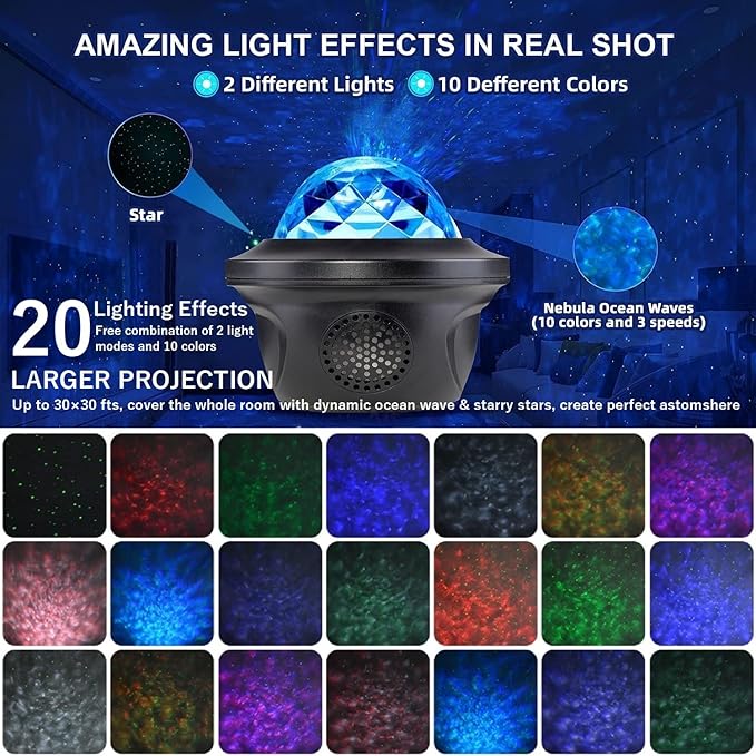 20 Lighting Effects Galaxy Projector, Large Projection Music Speaker, Remote Control Star Galaxy Light, Timer Night Light Projector for Kids Adults, Led Sky Light for Bedroom Gifts
