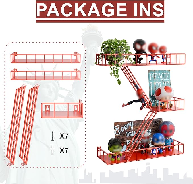 Fire Escape Shelf - 3 Tier Metal Large Red Fire Escape Wall Shelf, New York Action Figurine Display Shelf, Decorative Wall Shelf, Unique Rustic Floating Shelves for Bedroom, Bathroom (17 inch)