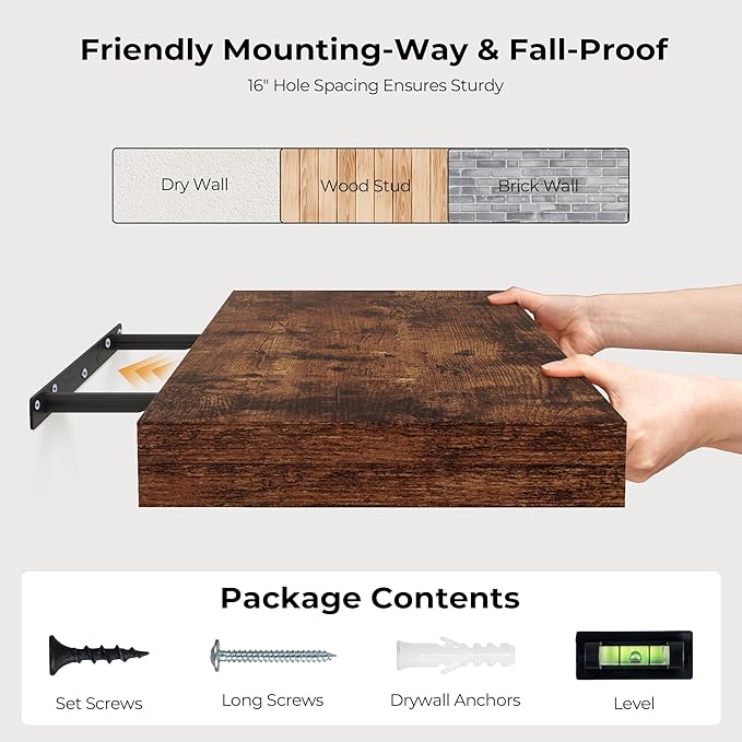 Fun Memories 66 Inch Fireplace Mantel Shelf with Invisible Bracket, 8 Inch Deep Floating Shelf for Living Room, Kitchen, Farmhouse, Brown (2-Pack)