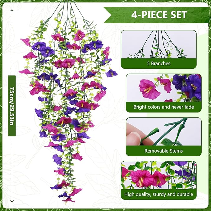 Fake Hanging Plants, Faux Hanging Plant Artificial Greenery for Living Room Bedroom Boho Wall Shelf Indoor Outdoor Decor (4-Pack, Purple Pink Morning Glory)