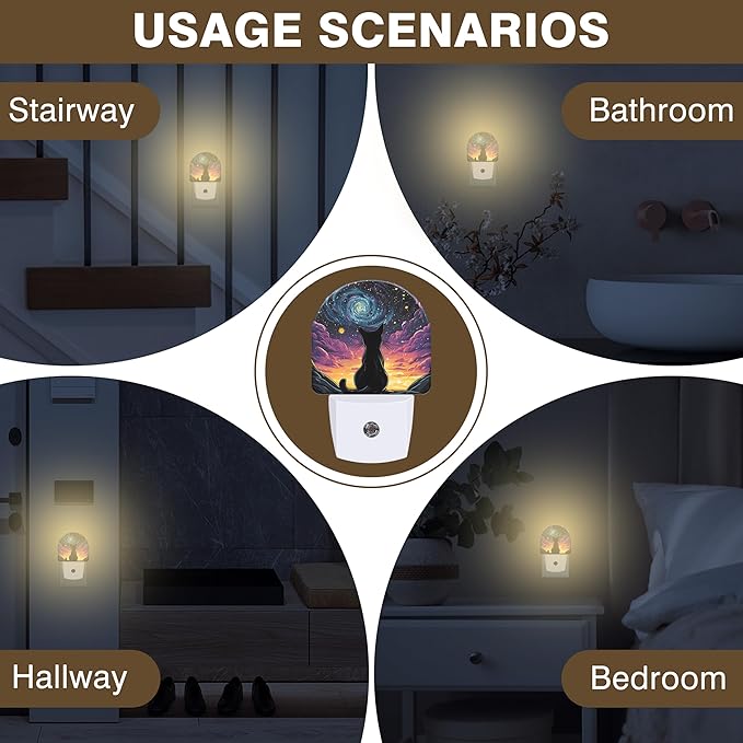 Van Gogh Starry Night Night Light, Black Cat Night Lights Plug into Wall Dusk to Dawn Sensor Round Nightlight for Women Men Energy Efficient Led Lamp 0.5W for Stairway Hallway Bedroom