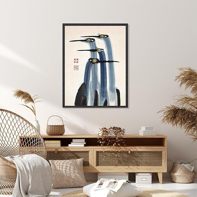 RINMFEO Antique Asian Crane Watercolor Canvas Art Vintage Japanese Chinese Painting Museum Quality Wall Decor For Living Room Bedroom 24x36inch Black frame