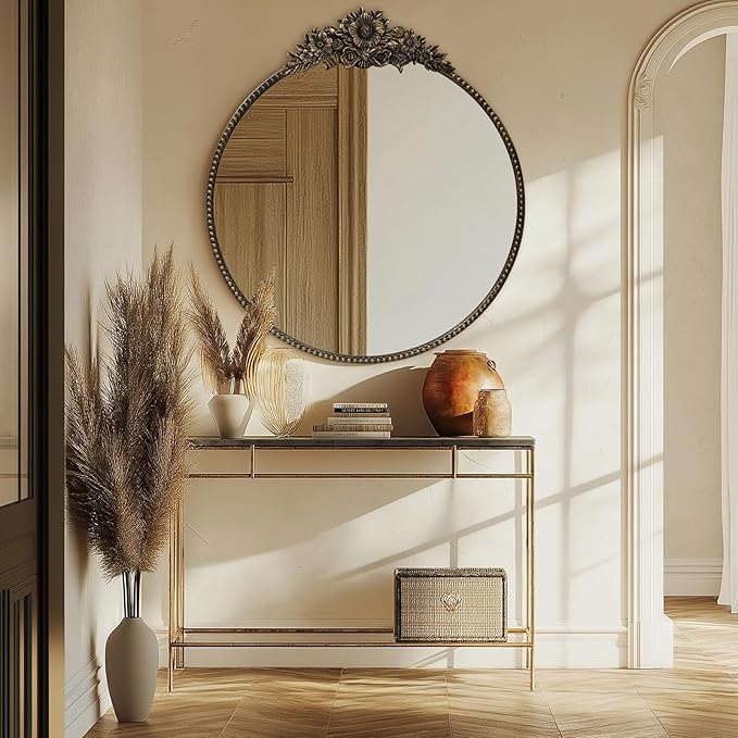 Vintage Round Mirror, 28" Baroque Style Circular Mirror, Antique Metal Frame Wall Mirror, Traditional Art Home Decor for Dressing Table, Bathroom or Bedroom,Retro Black