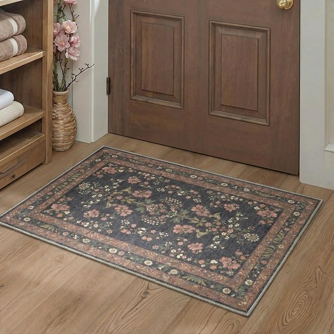 GENIMO Area Rug 2x3 Doormat, Machine Washable Low Pile Rugs, Small Retro Chenille Entryway Mat for Entrance, Hallway, Kitchen and Corridor, Dusty Charcoal