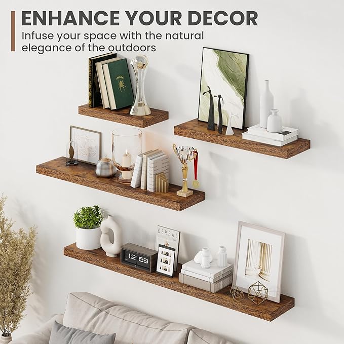 Acovy 16 Inch Floating Shelves, 8 Inch Deep Floating Shelves for Wall, Hanging Shelf with Invisible Brackets, Deep Shelves for Bathroom, Bedroom, Living Room, Brown, Set of 2